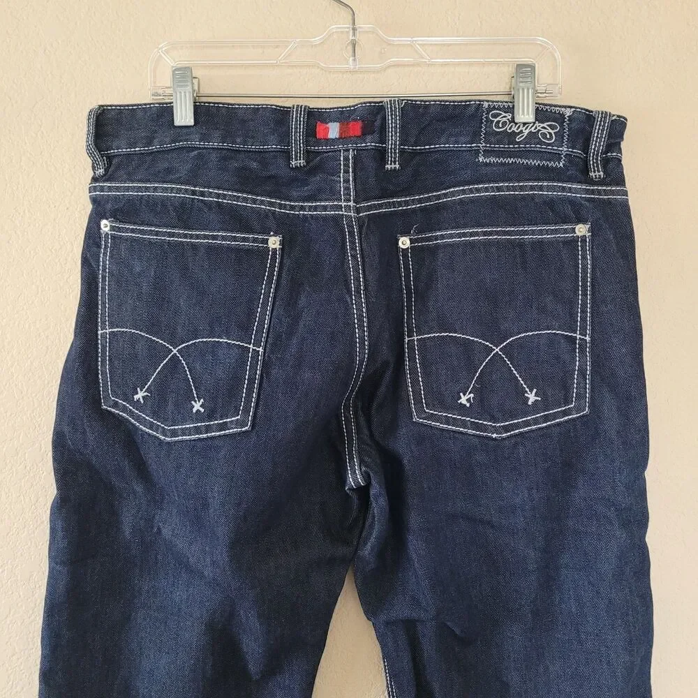 COOGI Jeans Straight Mens 36x34 Embroidered Pockets Denim Dark Blue Loose Baggy
